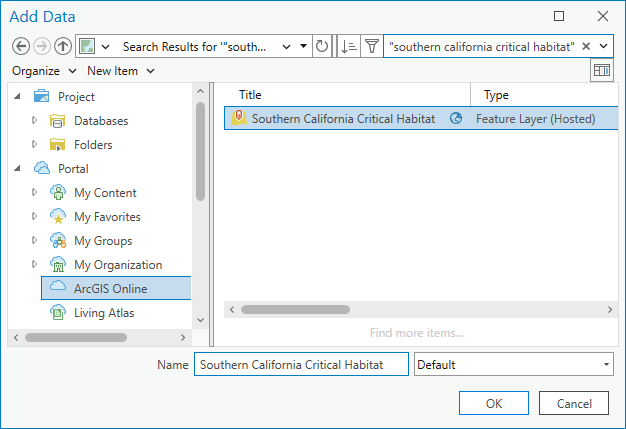 Southern California Critical Habitat layer selected on the browse dialog box.