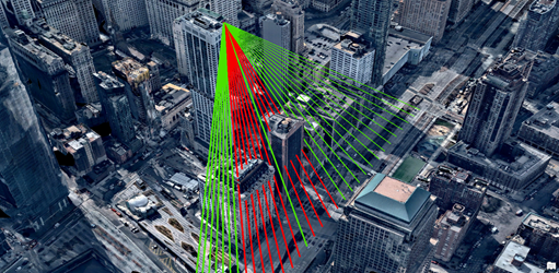 A visibility analysis from a viewpoint from a skyscraper down to the surface