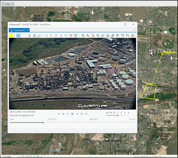 FMV player, with video footprint and sensor ground track with view angle displayed on the map