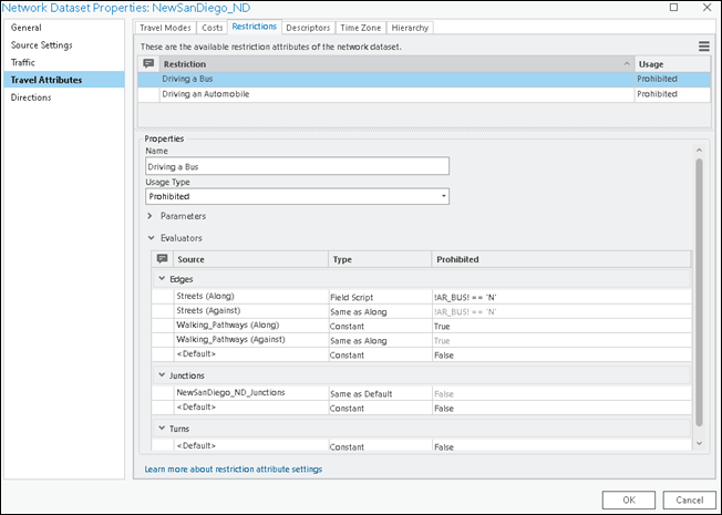 Restriction page in the Network Dataset Properties window showing the Driving a Bus restriction