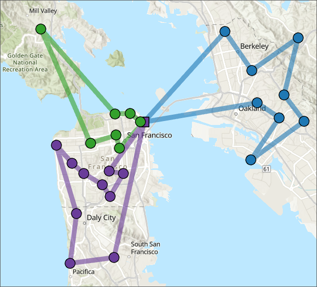 VRP solution with three routes servicing a set of orders