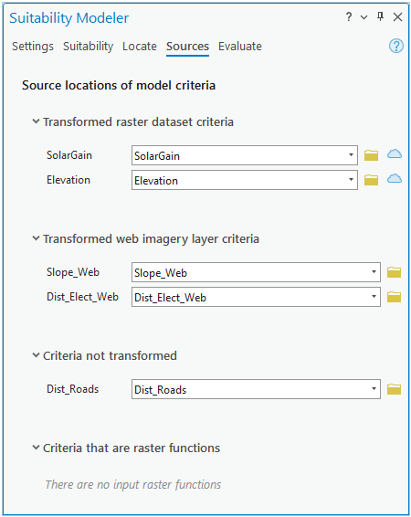 Sources tab in the Suitability Modeler pane