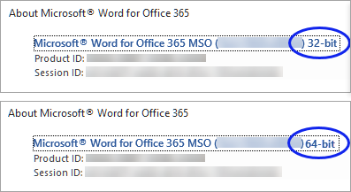 About Microsoft Word window Indicates the bit version of the installed Microsoft Office product