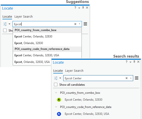 Results with and without the country code in the Locate pane