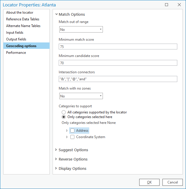 Geocoding options in the Locator Properties dialog