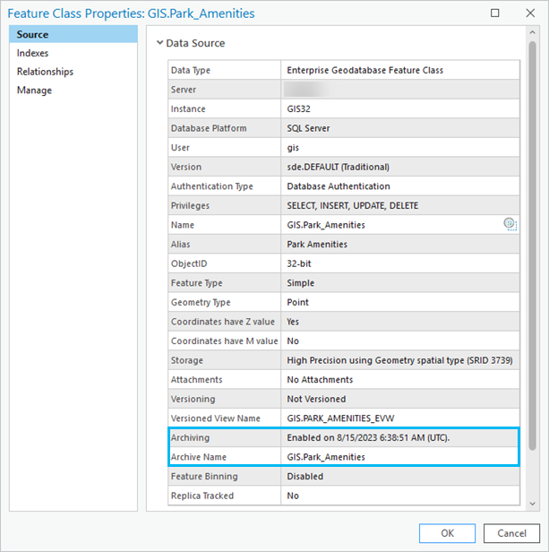 Feature class properties of a feature class with archiving enabled