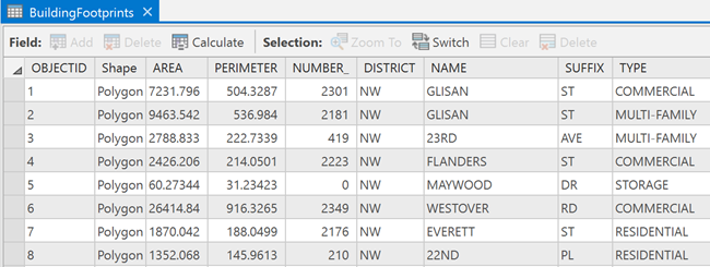 Feature classes stored as a table; each row holds a feature.