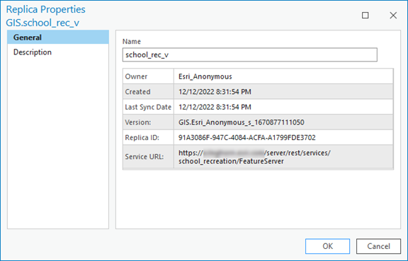 The General tab on the feature service Replica Properties dialog box