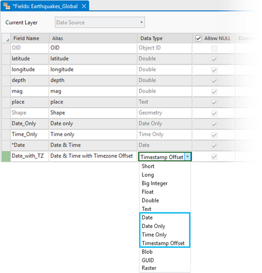 Date and time data type options available from the fields view.