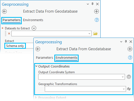 When Schema only is set as the extent for the Extract Data From Geodatabase tool, the output coordinate system under Environments is enforced.