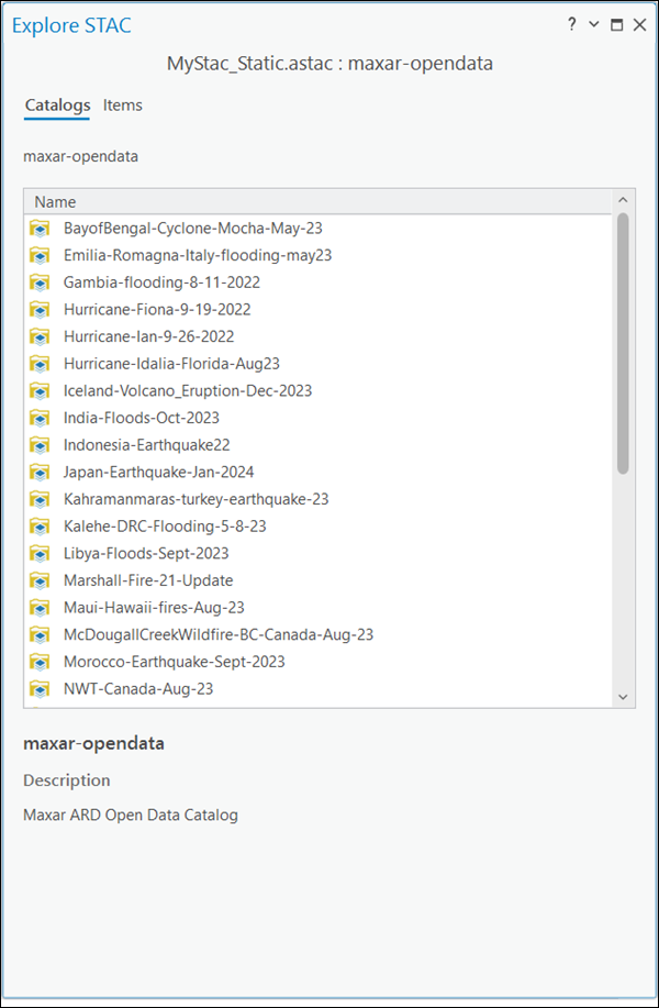 Catalogs tab in the Explore STAC pane