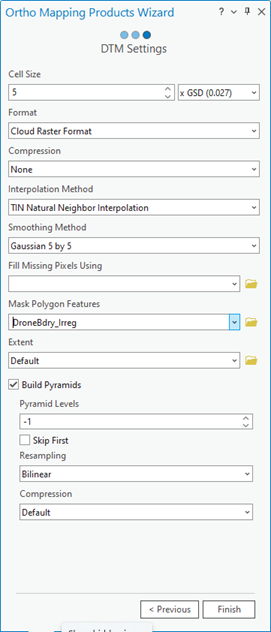Ortho Mapping Products Wizard DTM Settings