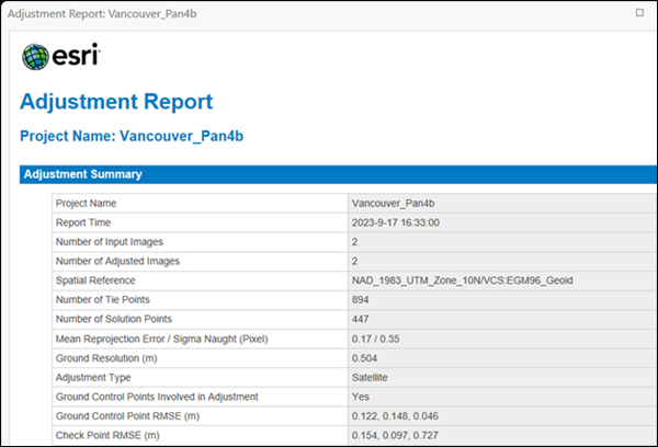 Adjustment report for satellite imagery