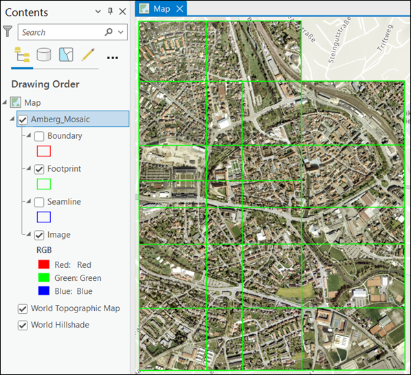 Mosaic dataset in the map and listed in the Contents pane