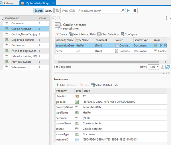 Provenance records associated with a specific property value are listed in the details panel.