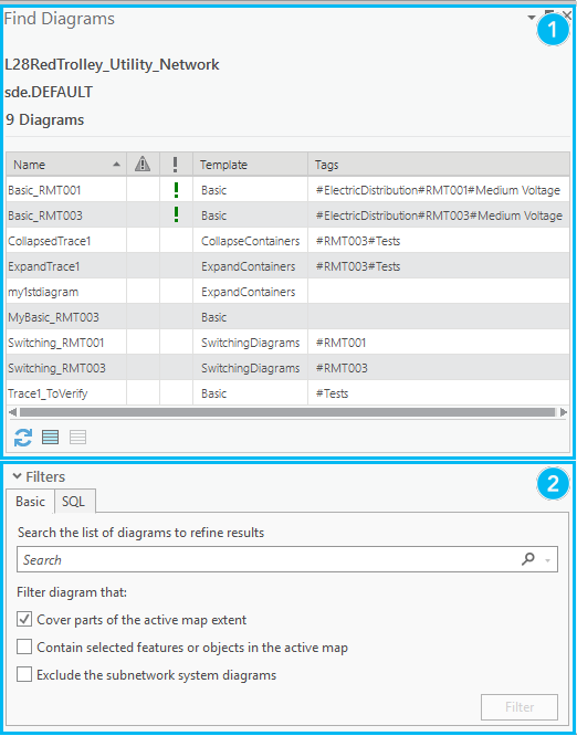 The two sections of the Find Diagrams pane labeled 1 and 2