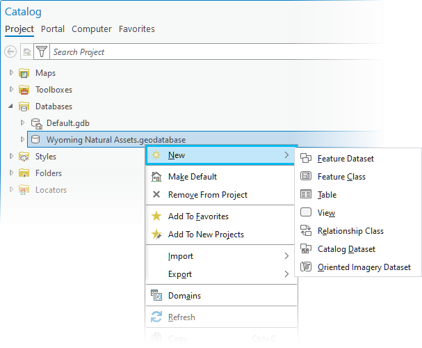 Context menu of options for creating new objects