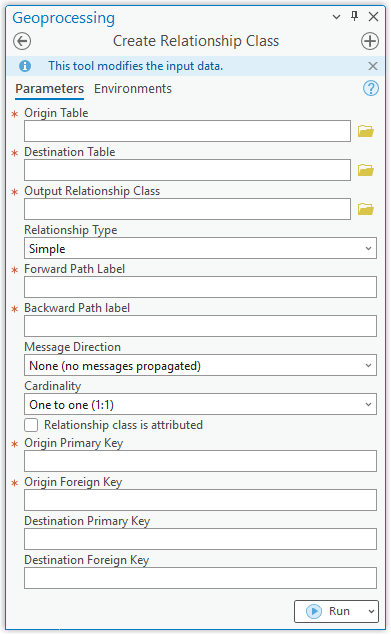 Create Relationship Class tool parameters dialog box