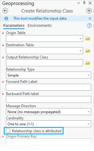 Relationship class is attributed check box on the Create Relationship Class geoprocessing tool