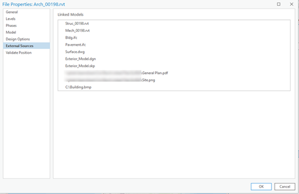 External Sources tab of the BIM file properties dialog