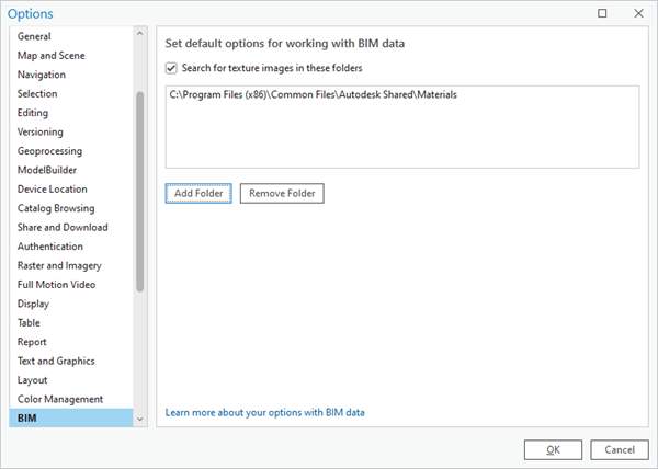 BIM Options dialog box to add file folder to search for display materials files