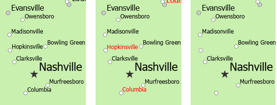 Three labeled maps comparing options for ambiguous labels