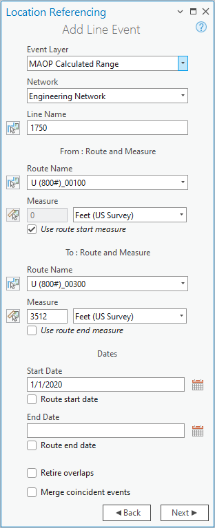 Add Line Event pane with route and measure and dates fields