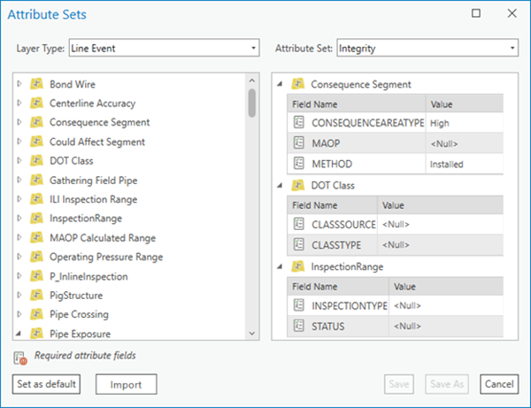 Attribute Sets dialog box with custom attribute set