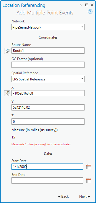 Add Multiple Point Events pane with Coordinates method