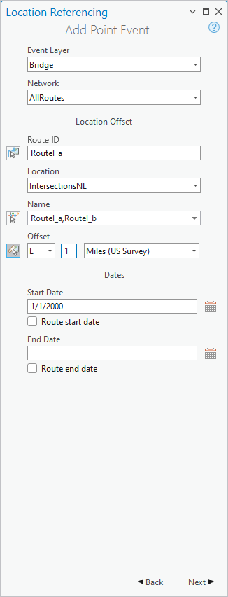 Add Point Event pane with Location Offset method