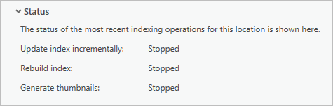 Status panel on the Modify Index Settings dialog box