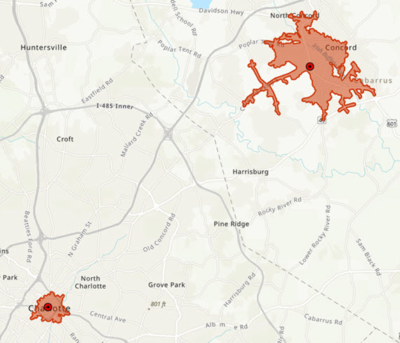 Drive-time polygons around two community centers