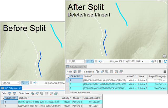 Before and after an edit using the Delete/Insert/Insert split model