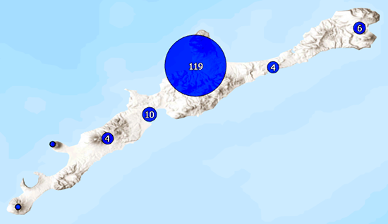An example of one large cluster, a few small clusters, and two unclustered features on a map An example of one large cluster, a few small clusters, and two unclustered features on a map