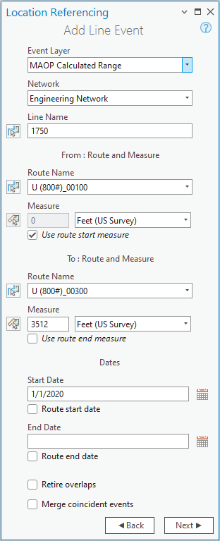 Add Line Event pane with route and measure and dates options
