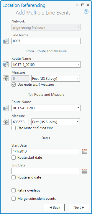 Add Multiple Line Events pane with route and measure options