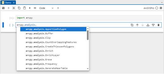 Use the tab completion feature to access choices in an ArcGIS Notebook. Use the tab completion feature to access choices in an ArcGIS Notebook.