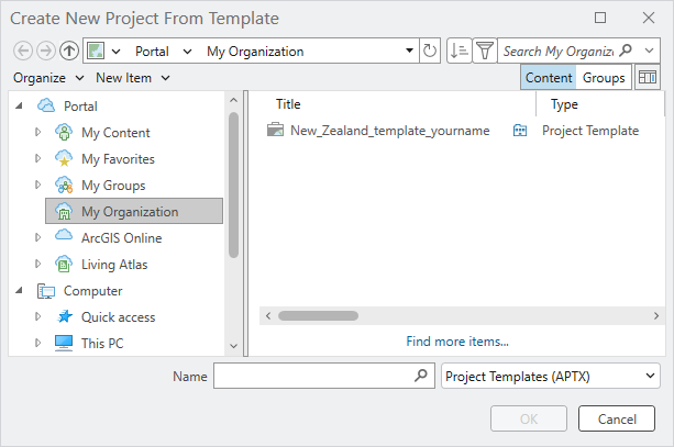 Browse dialog box showing the project template Browse dialog box showing the project template