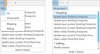 Grouping options on the Undo list Grouping options on the Undo list