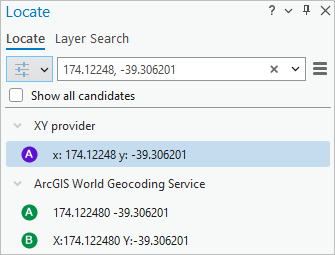 Locate pane showing candidate locations Locate pane showing candidate locations