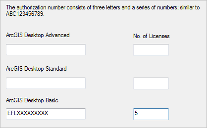 Authorization number for five Concurrent Use licenses for ArcGIS Desktop Basic Authorization number for five Concurrent Use licenses for ArcGIS Desktop Basic