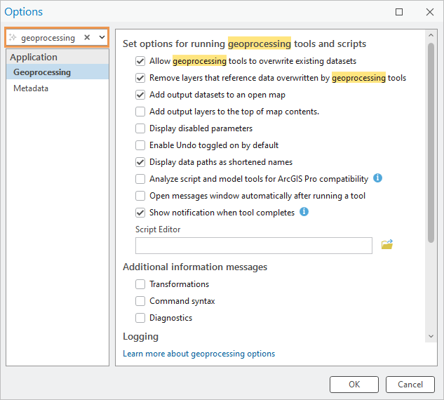 The Options dialog box with a keyword in the search box The Options dialog box with a keyword in the search box
