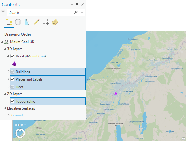 Topographic 3D basemap and Contents pane Topographic 3D basemap and Contents pane