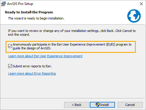 The Esri User Experience Improvement program check box on the installation wizard panel is checked. The Esri User Experience Improvement program check box on the installation wizard panel is checked.