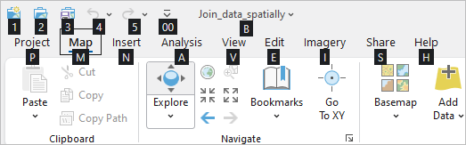 The ArcGIS Pro ribbon with KeyTips displayed The ArcGIS Pro ribbon with KeyTips displayed