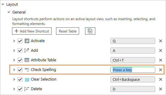 The Check Spelling command in the Keyboard Shortcuts dialog box The Check Spelling command in the Keyboard Shortcuts dialog box