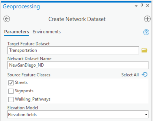 Create Network Dataset geoprocessing tool dialog box Create Network Dataset geoprocessing tool dialog box