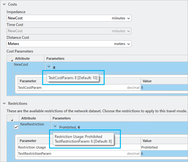 Edited parameter values for cost and restriction attributes Edited parameter values for cost and restriction attributes