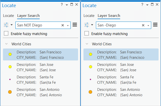 Enhanced layer search with the NOT operator or minus sign in the Locate pane Enhanced layer search with the NOT operator or minus sign in the Locate pane