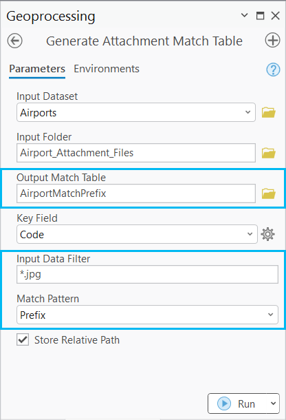 Output Match Table parameter with the new table name, Input Data Filter parameter populated for .jpg files, and Match Pattern parameter set to Prefix Output Match Table parameter with the new table name, Input Data Filter parameter populated for .jpg files, and Match Pattern parameter set to Prefix